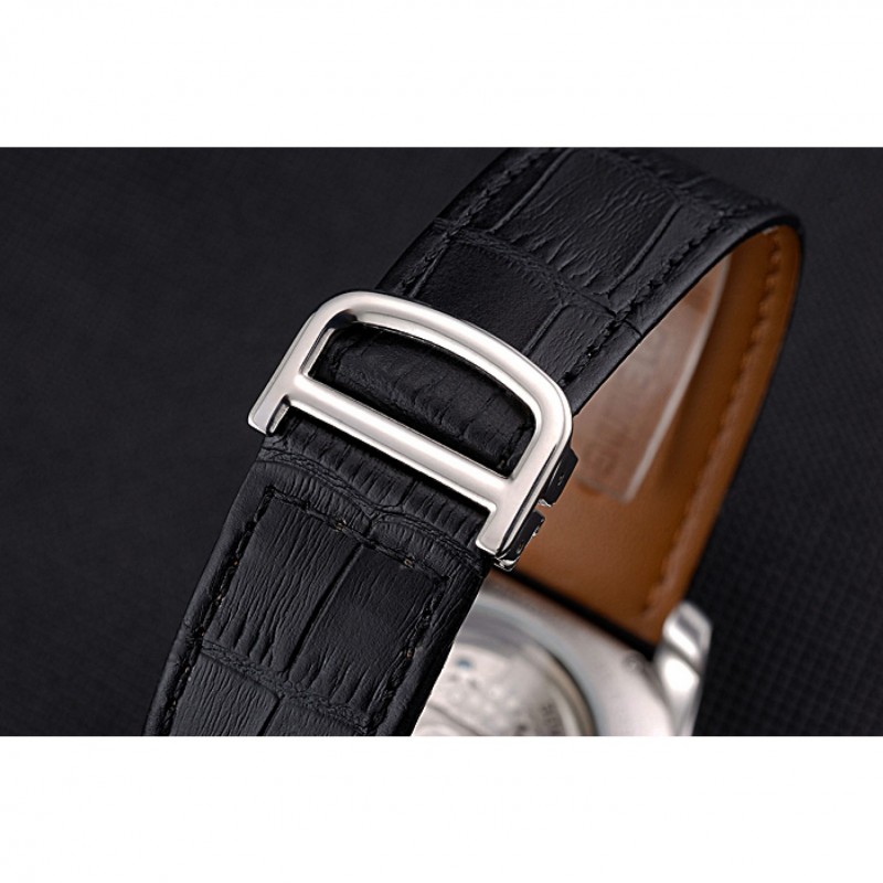 High End Replica Watches Cartier Calibre Tourbillon Black Dial Stainless Steel Case Black Leather Strap 622752-5