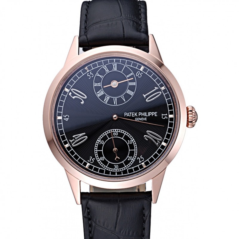 AAA Patek Philippe Geneve Two Dial Black Dial Rose Gold Bezel Black Leather Band 622146-0