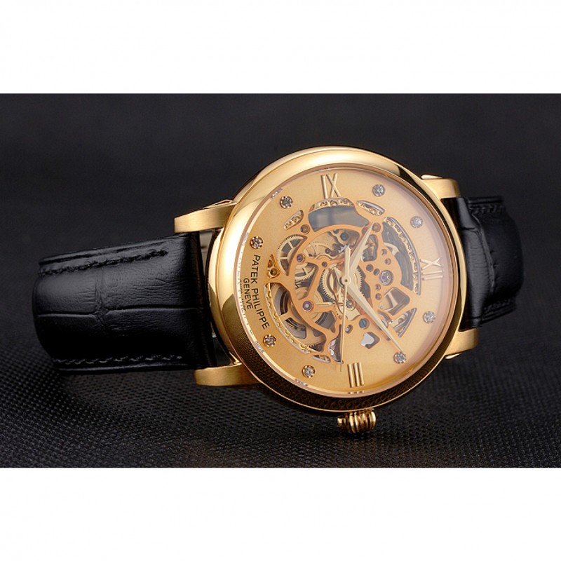 Swiss Patek Philippe Complications Openworked Dial Gold Case Black Leather Strap-4