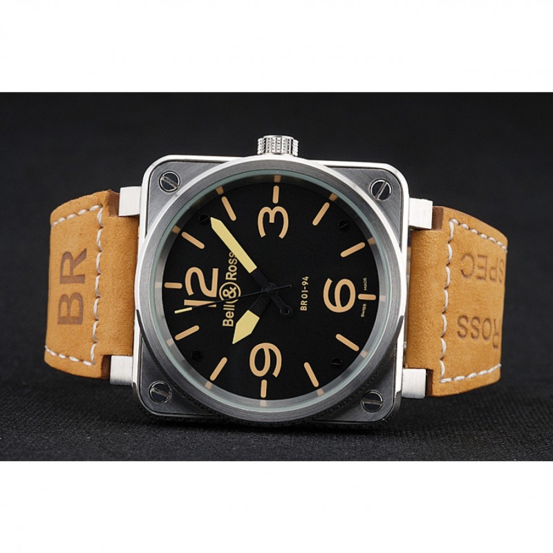 Bell and Ross BR 01-92 Black Dial Silver Case Gold Numerals Brown Leather Strap-4