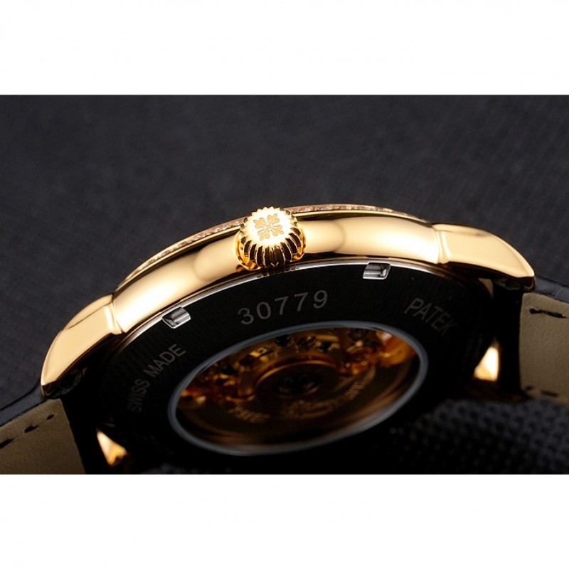 SS Swiss Patek Philippe Complications Openworked Dial Gold Case Diamond Bezel Black Leather Strap-5