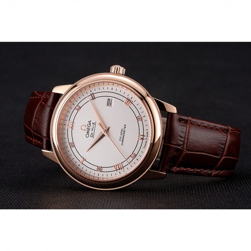 Omega De Ville Prestige White Dial Rose Gold Case Brown Leather Strap-3