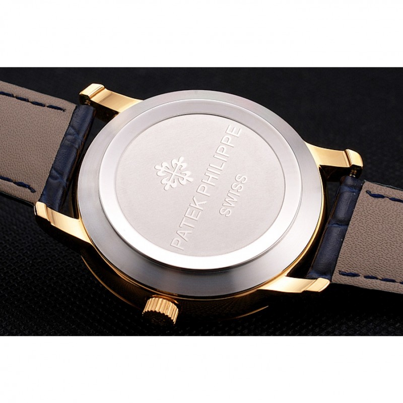 Cheap Replica Watches Patek Philippe Calatrava Date Blue Embossed Dial Gold Case Blue Leather Strap-7