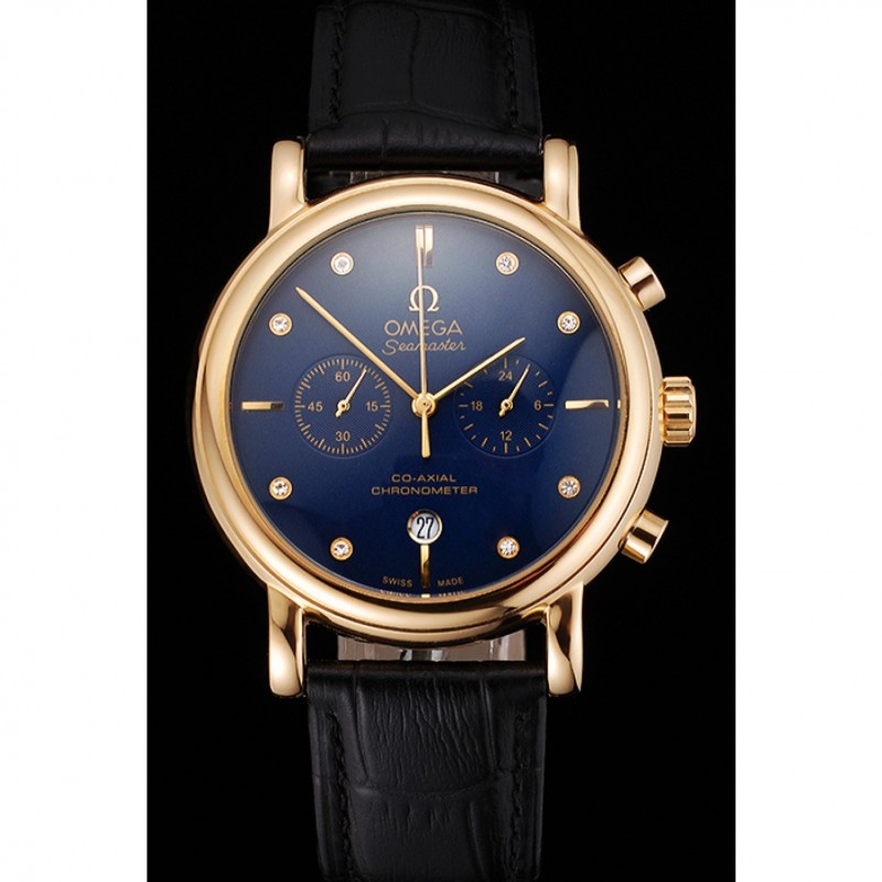 Omega Seamaster Vintage Chronograph Blue Dial Diamond Hour Marks Gold Case Black Leather Strap-1