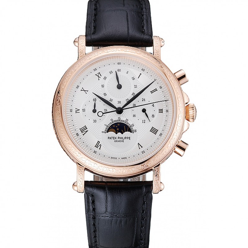 SS Replica Watches Patek Philippe Grand Complications White Dial Engraved Rose Gold Case Black Leather Bracelet 1454144-0