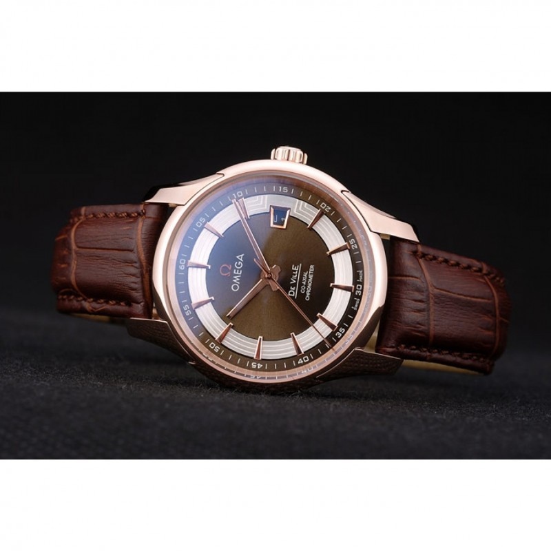 SS Omega Swiss DeVille Rose Gold Bezel Brown Leather Strap 7614-4