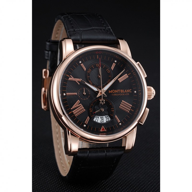 Montblanc Chronograph Black Dial Black Leather Bracelet Rose-Gold Case 1454110-2