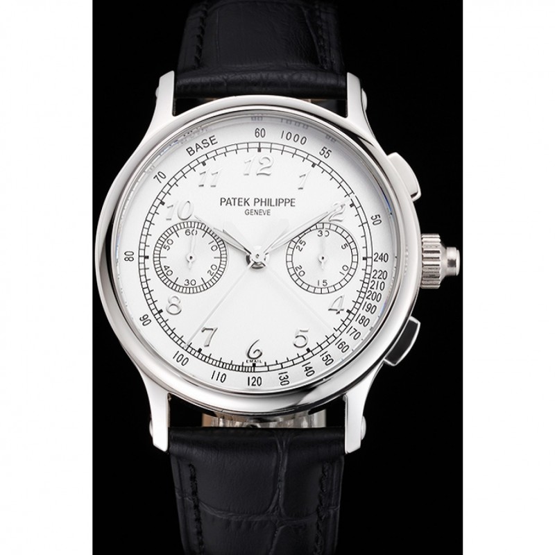 Swiss Patek Philippe Split Seconds Chronograph White Dial Silver Numerals Stainless Steel Case Black Leather Strap-1
