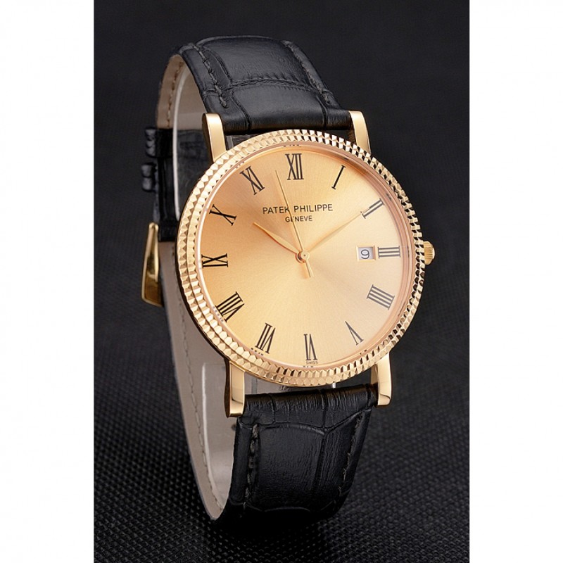 AAA Replica Watches Patek Philippe Calatrava Gold Dial Roman Numerals Ribbed Bezel Gold Case Black Leather Strap-2