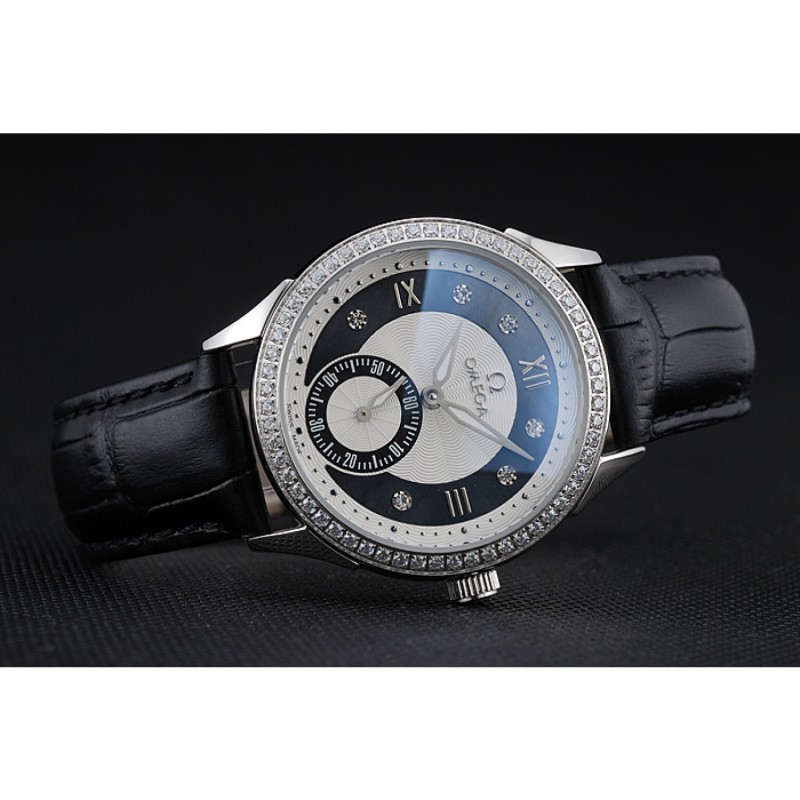 Omega DeVille Prestige Black Dial Silver Diamond Case Black Leather Bracelet 1454120-4