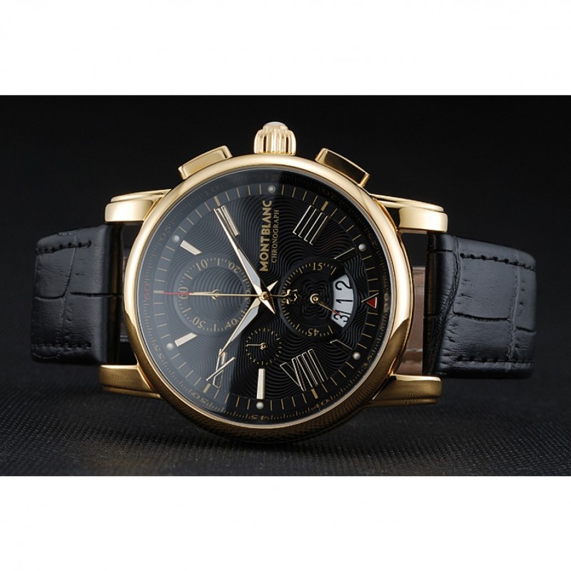 Montblanc Chronograph Black Dial Black Leather Bracelet Gold Case 1454112-4