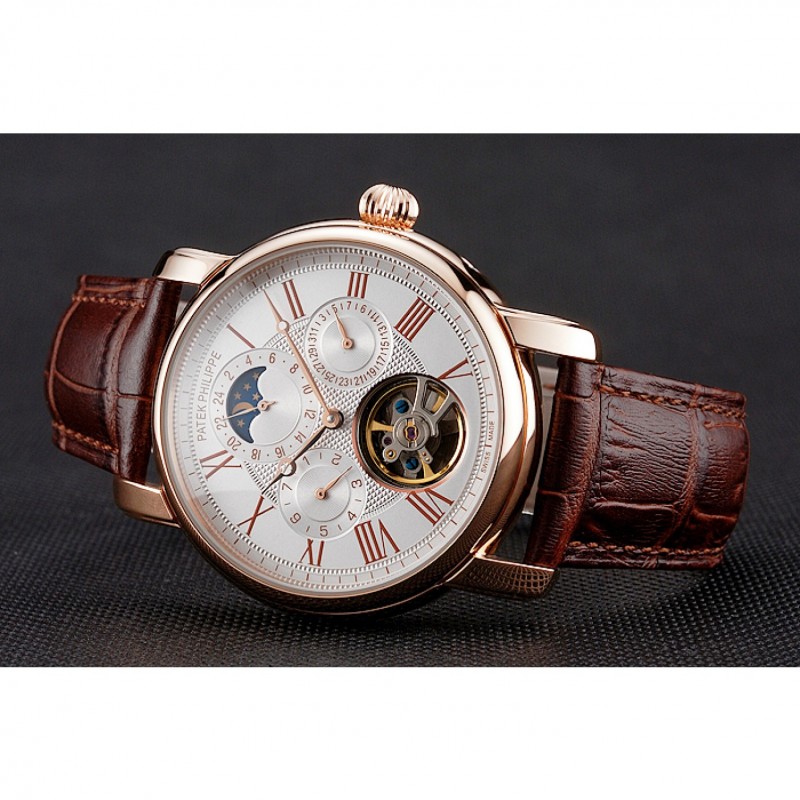 Patek Philippe Grand Complications Moonphase Perpetual Calendar Tourbillon White Dial Rose Gold Case Brown Leather Strap-3