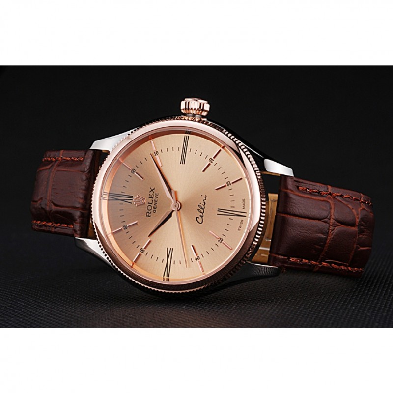 Rolex Cellini Gold Dial And Bezel Stainless Steel Case Brown Leather Strap 622840-3