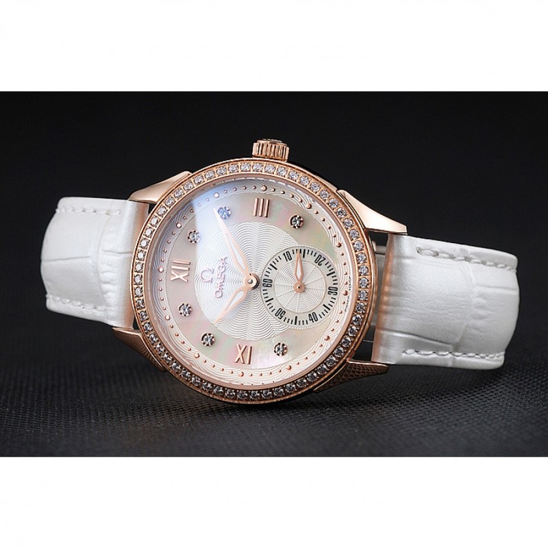 High Quality Replica Watches Omega DeVille Prestige White Dial Gold Diamond Case White Leather Bracelet 1454122-3