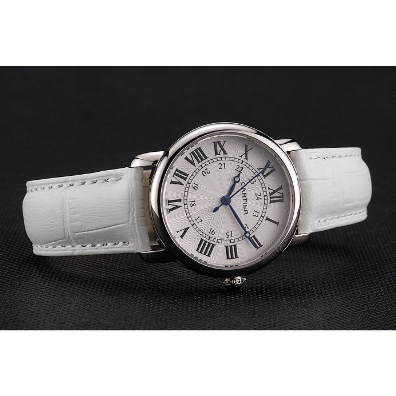 Cartier Ronde White Dial Stainless Steel Case White Leather Strap-4