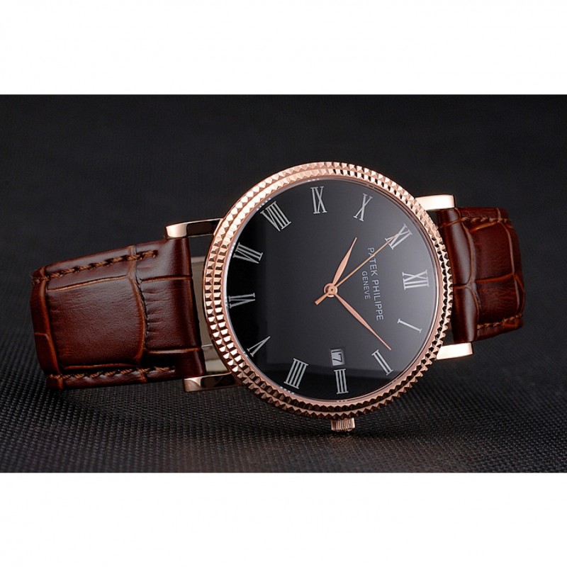 High Quality Patek Philippe Calatrava Black Dial Roman Numerals Ribbed Bezel Rose Gold Case Brown Leather Strap-3