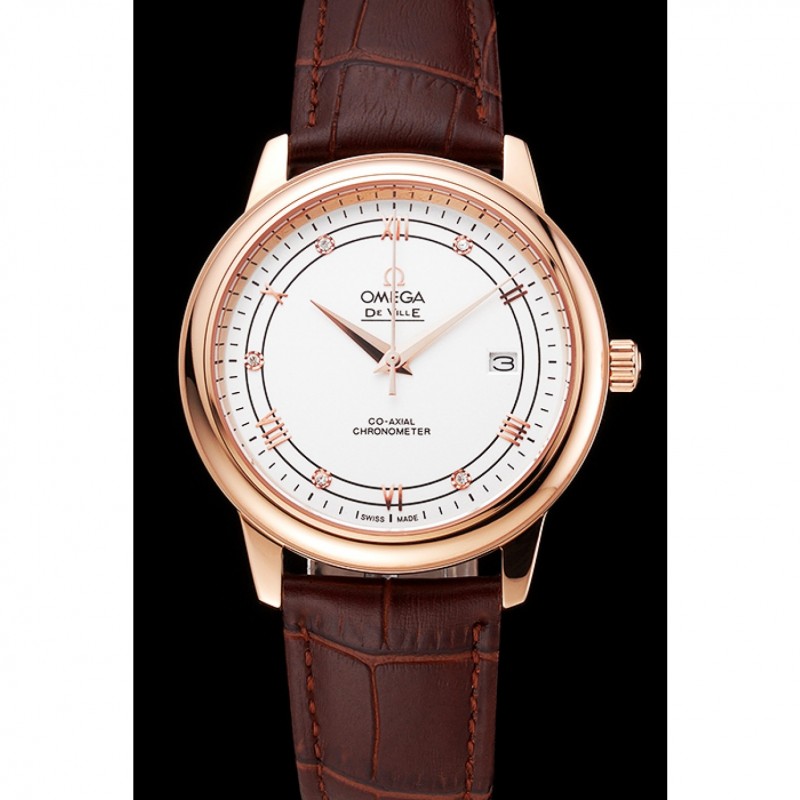Omega De Ville Prestige White Dial Rose Gold Case Brown Leather Strap-1