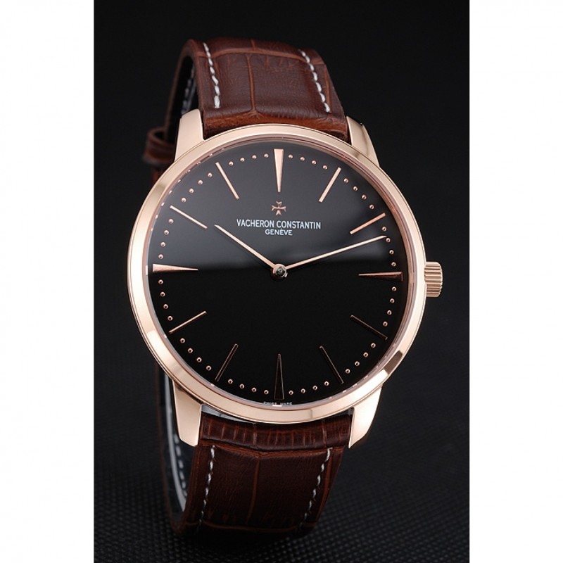High Quality Swiss Vacheron Constantin Patrimony Grand Taille Black Dial Rose Gold Case Brown Leather Bracelet 1454169-2