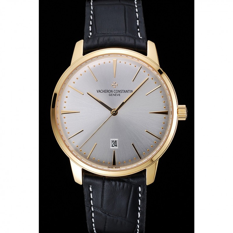 Swiss Vacheron Constantin Patrimony White Dial Gold Case Black Leather Bracelet 1454177-1
