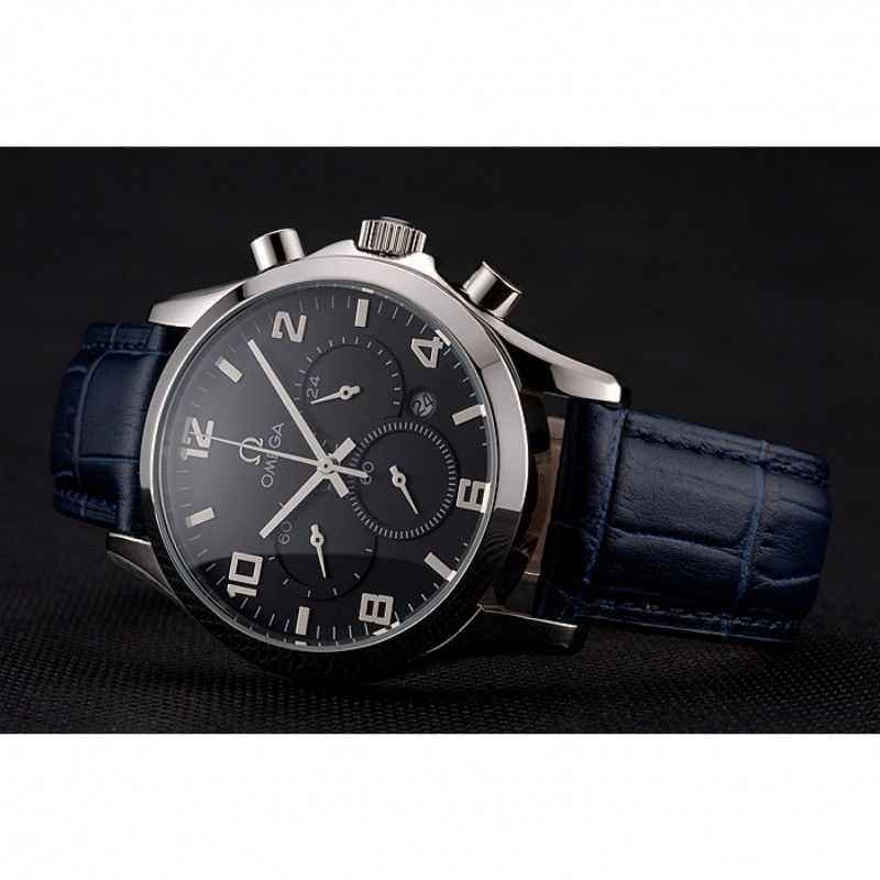 SS Replica Watches Omega Chronograph Black Dial Stainless Steel Case Blue Leather Strap-4