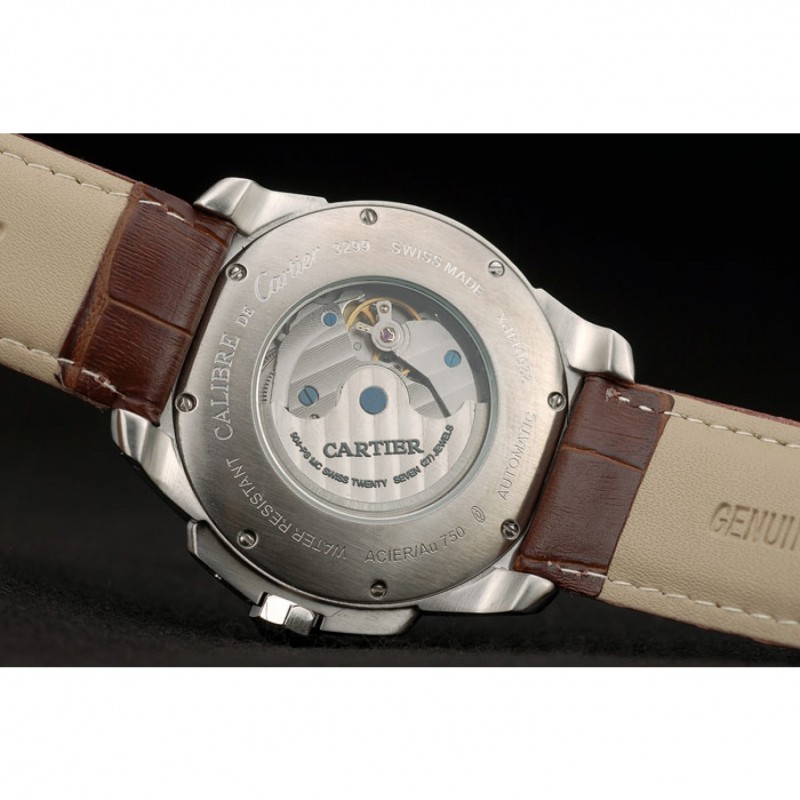 Cartier Calibre White Dial Diamonds Two Tone Case Brown Leather Bracelet-6