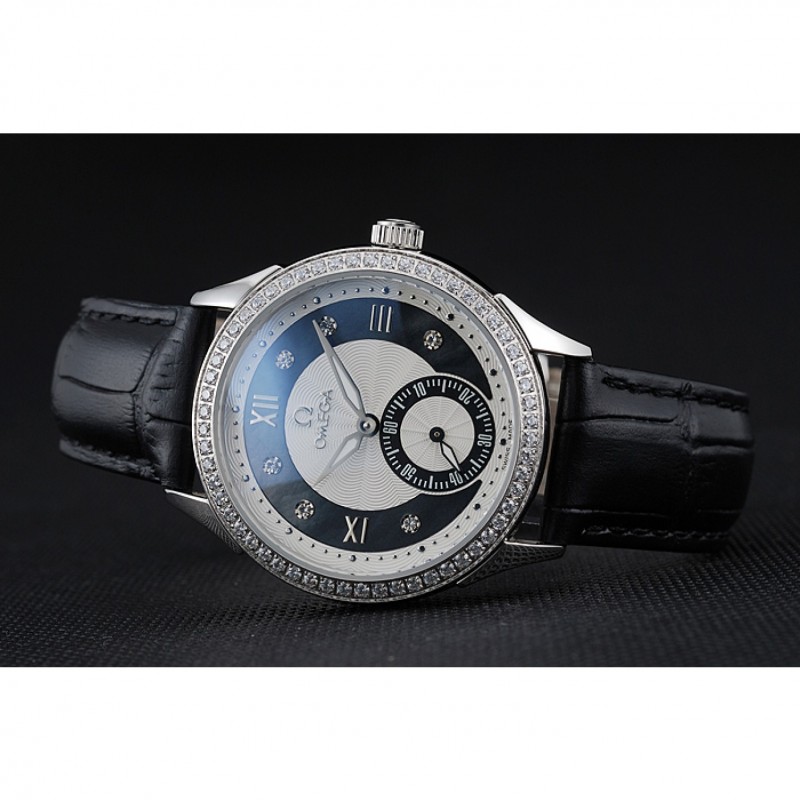 Omega DeVille Prestige Black Dial Silver Diamond Case Black Leather Bracelet 1454120-3