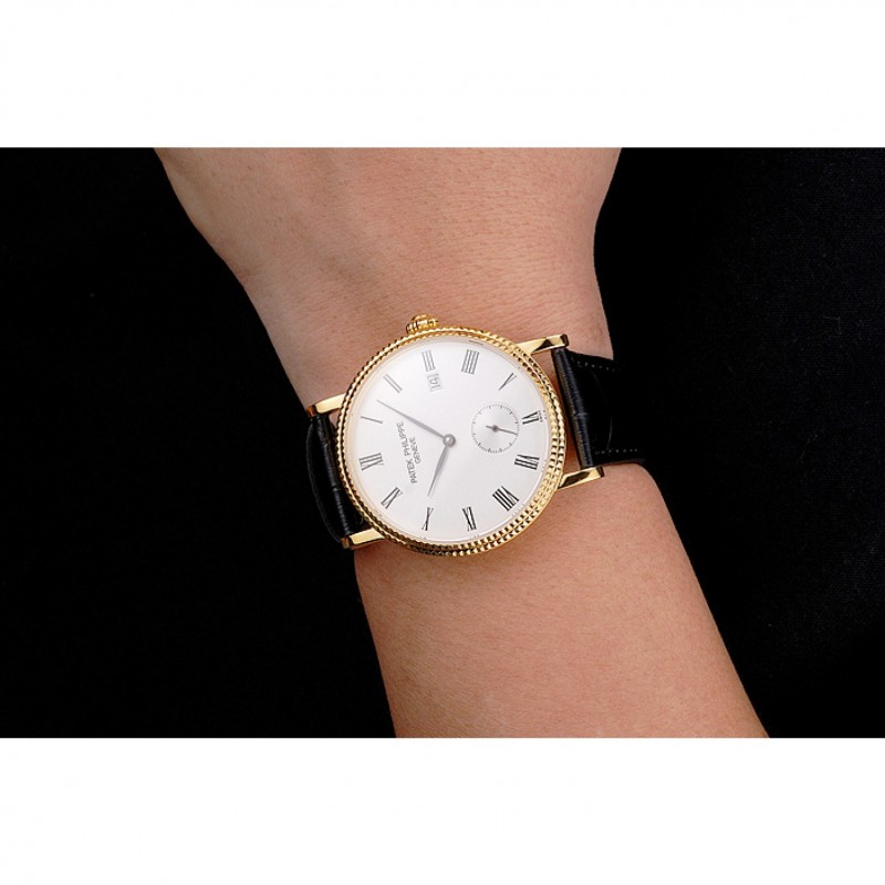 Swiss Patek Philippe Calatrava White Dial Gold Case Fluted Bezel Black Leather Strap-8