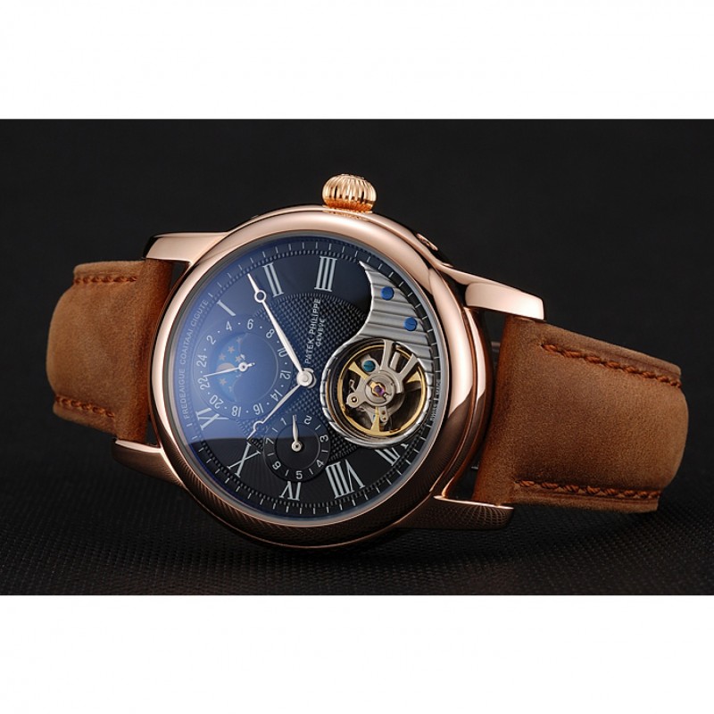 Best Replica Watches Patek Philippe Grand Complications GMT Moonphase Tourbillon Black Dial Rose Gold Case Brown Suede Leather Strap 1453821-3