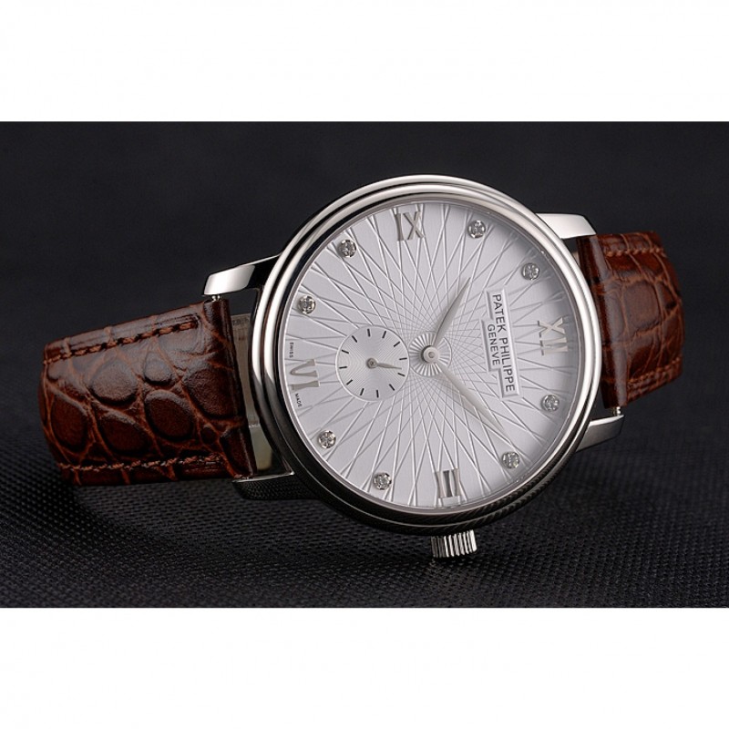 Cheap Patek Philippe Calatrava Date White Embossed Dial Stainless Steel Case Brown Leather Strap-3