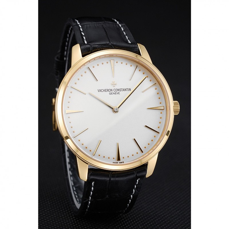 Swiss Vacheron Constantin Patrimony Grand Taille White Dial Gold Case Black Leather Bracelet 1454176-2