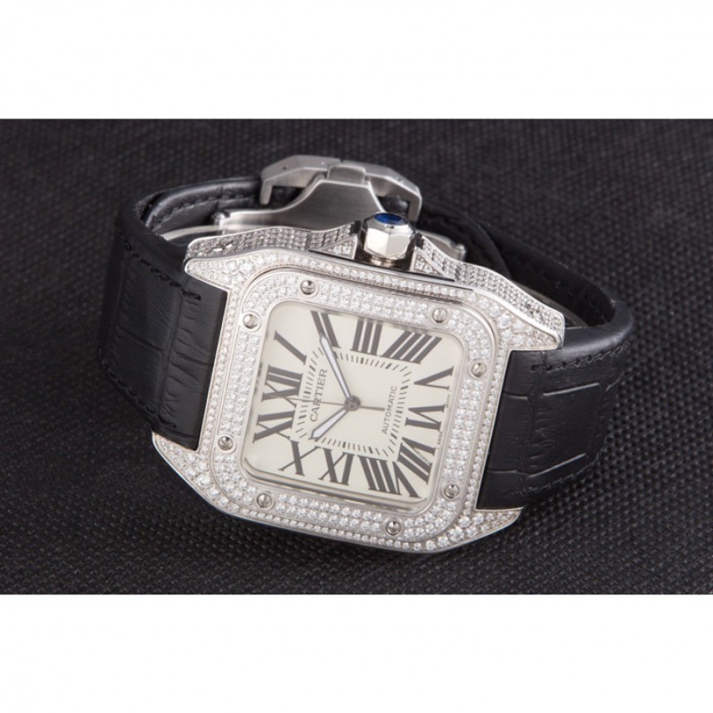 Swiss Cartier Santos Silver Bezel with Diamonds and Black Leather Strap sct47 621531-4