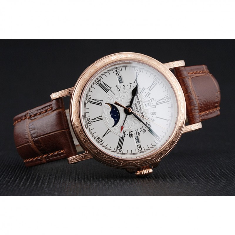 Patek Philippe Perpetual Calendar Retrograde Date White Dial Engraved Rose Gold Case Brown Leather Bracelet 1454148-4