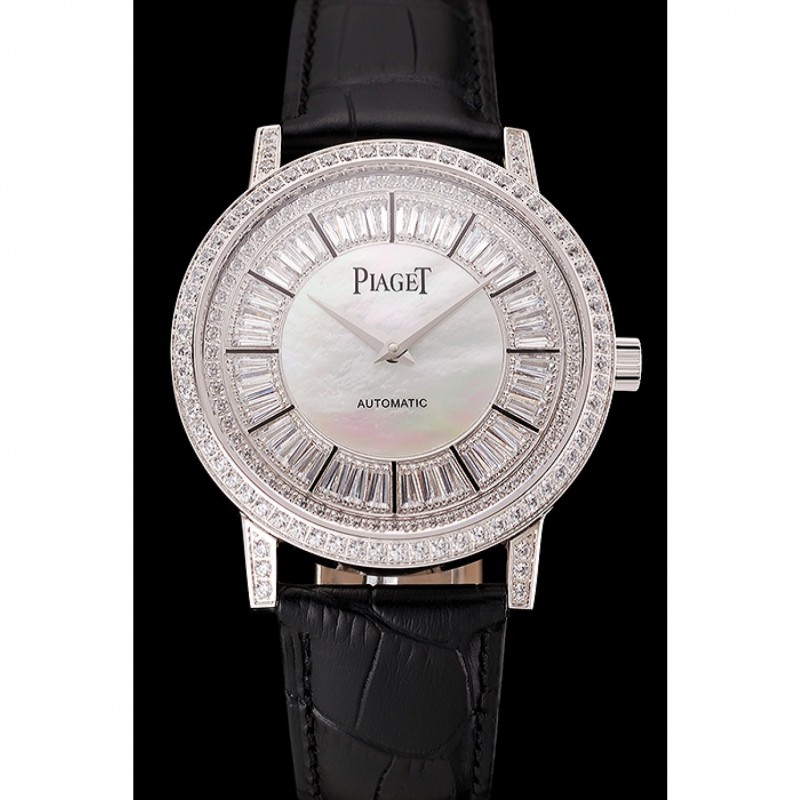 Swiss Piaget Altiplano Diamond Set Stainless Steel Case And Pearl Dial Black Leather Strap 1453746-1