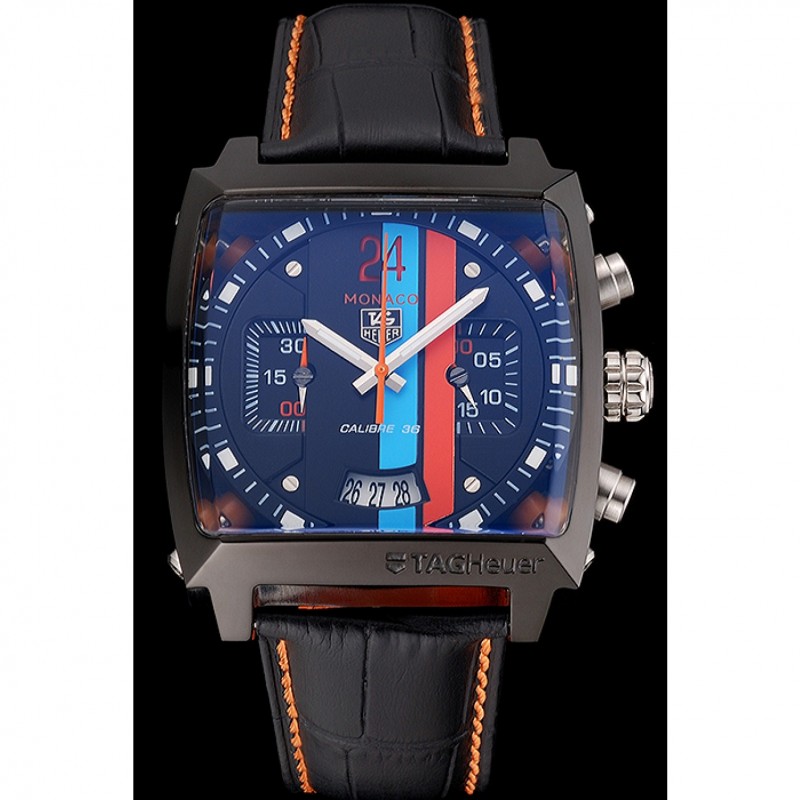 Tag Heuer Monaco Calibre 36 Blue And Orange Stripes Dial Black Leather Strap 622302-1