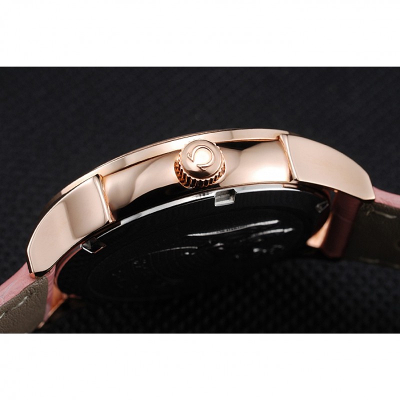 Cheap Omega DeVille Prestige Pink Dial Gold Diamond Case Pink Leather Bracelet 1454126-8
