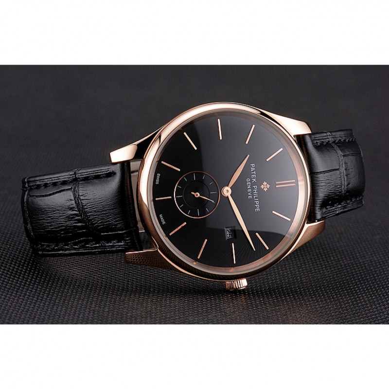 Patek Philippe Calatrava Date Black Dial Rose Gold Case Black Leather Strap-3