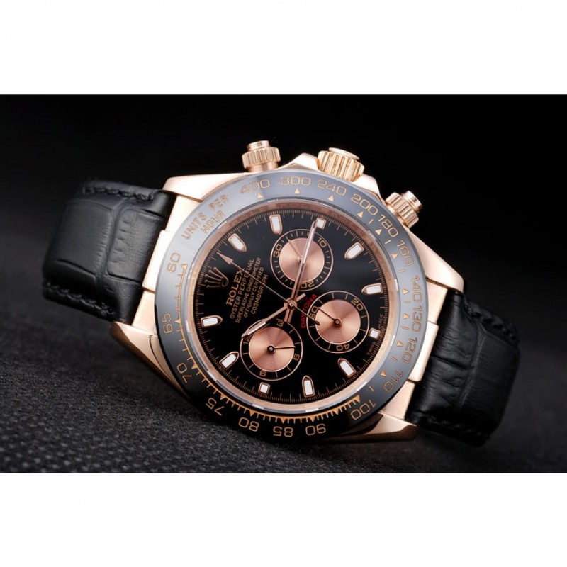 Rolex Daytona Rose Gold Case Black Dial Black Leather Strap-4