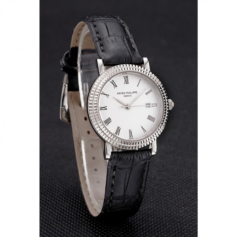 Patek Philippe Calatrava White Dial Roman Numerals Double Ribbed Bezel Stainless Steel Case Black Leather Strap-2