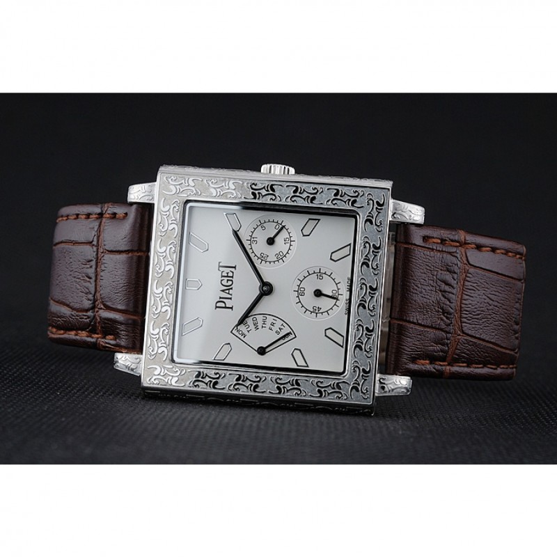 Piaget Emperador Limited Edition White Dial Engraved Silver Case Brown Leather Bracelet 1454138-3