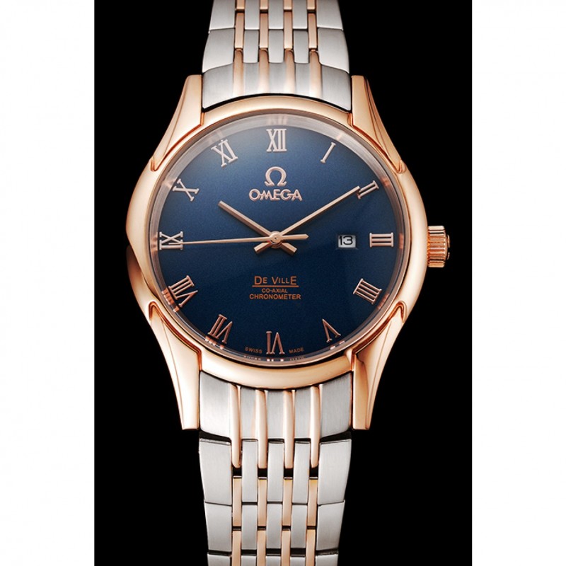 Best Replica Watches Omega De Ville Blue Dial Rose Gold Case Two Tone Bracelet 1453783-1