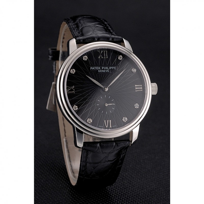 High End Patek Philippe Calatrava Dark Gray Dial Stainless Steel Case Black Leather Strap-2