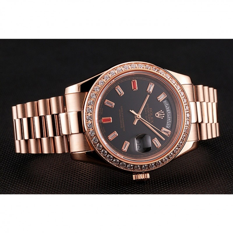 Swiss Rolex Day-Date Diamonds And Rubies Black Dial Rose Gold Bracelet 1454102-4