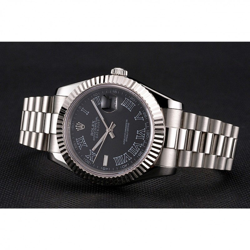 Swiss Rolex Datejust Black Dial Roman Numerals Stainless Steel Case And Bracelet-4