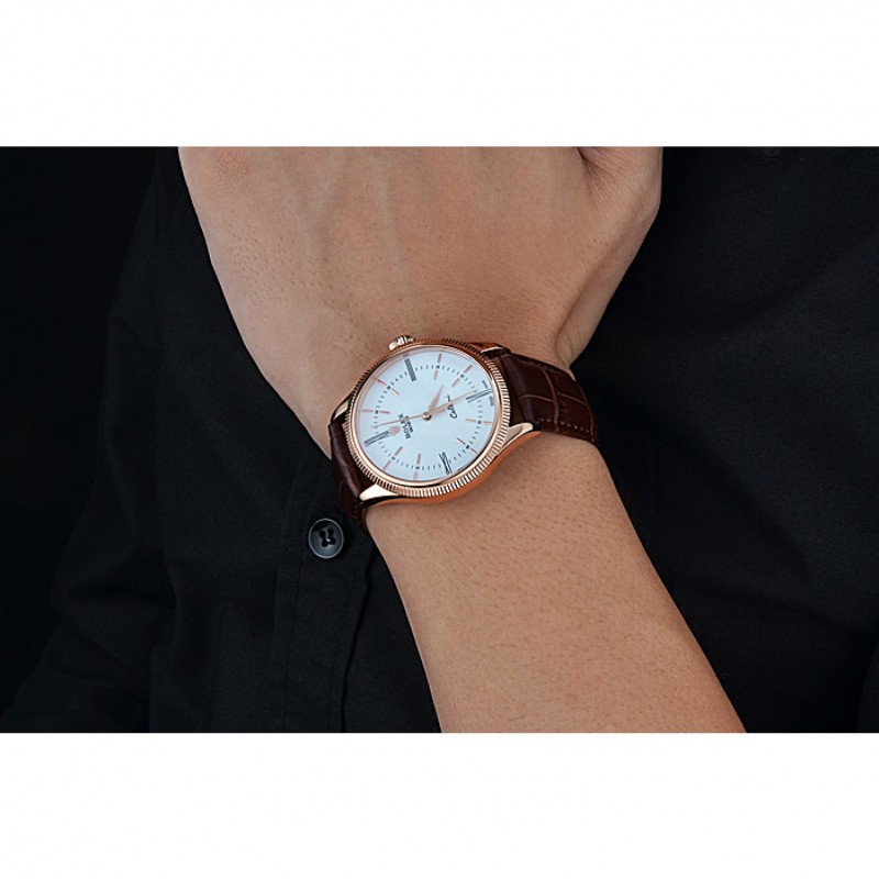 Swiss Rolex Cellini Time Gold Case White Dial Brown Leather Bracelet 622655-8