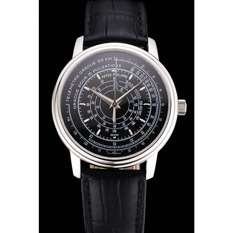 Cheap Swiss Patek Philippe Multi-Scale Chronograph Black Dial Stainless Steel Case Black Leather Strap-1