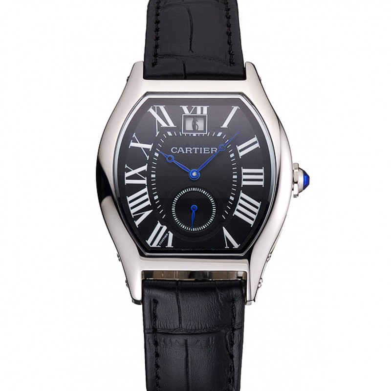Cartier Tortue Large Date Black Dial Stainless Steel Case Black Leather Strap-0