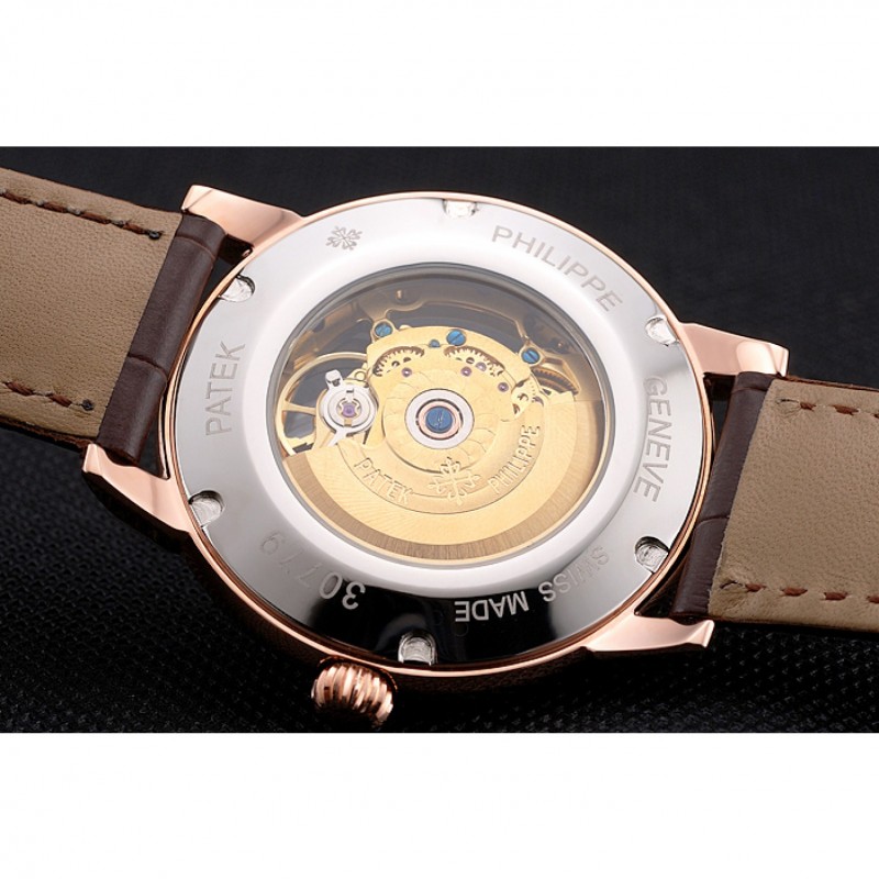 Swiss Patek Philippe Complications Openworked Dial Rose Gold Case Brown Leather Strap-7