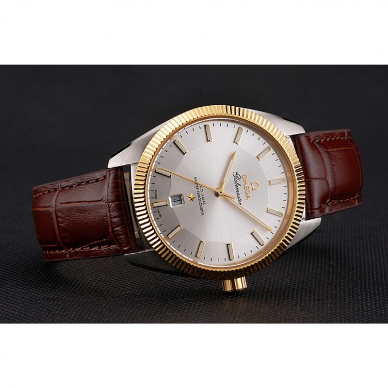 Omega Globemaster Silver Dial Gold Bezel Stainless Steel Case Brown Leather Strap-4