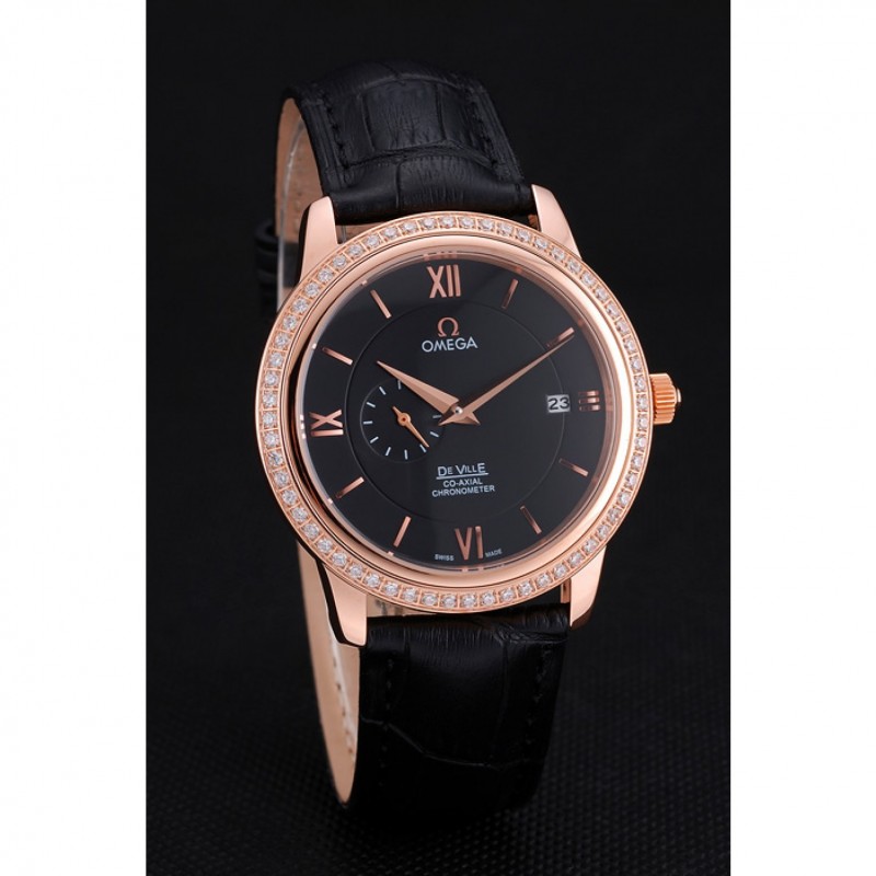 Omega De Ville Prestige Co-Axial Black Dial Rose Gold Diamond Case Black Leather Strap Roman Numeral-2