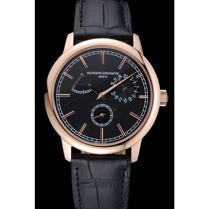Vacheron Constantin Patrimony Power Reserve Black Dial Rose Gold Case Black Leather Bracelet 1454265-1